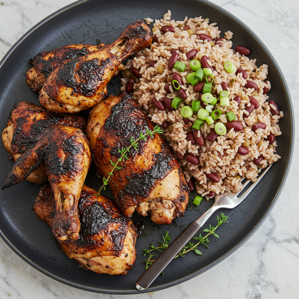 1. Pollo Jerk clásico jamaicano con arroz y guisantes