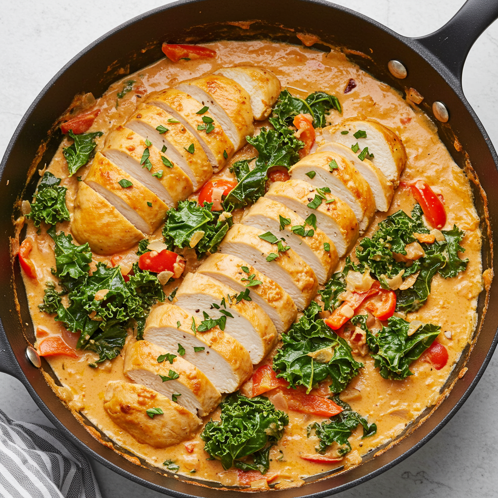 2. Pollo cremoso asado con pimiento rojo y col rizada