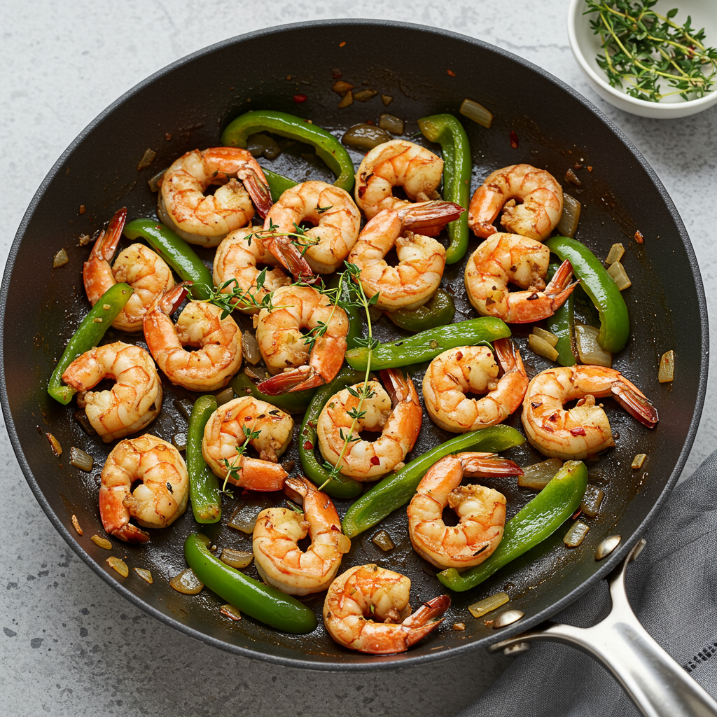 3. Sartén de camarones jerk y pimientos verdes en una sola sartén