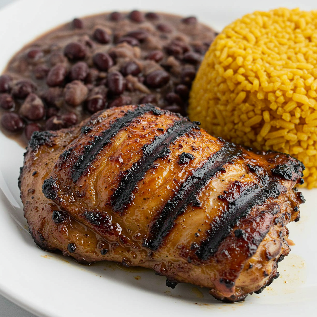 5. Muslos de pollo jerk con arroz amarillo y frijoles negros