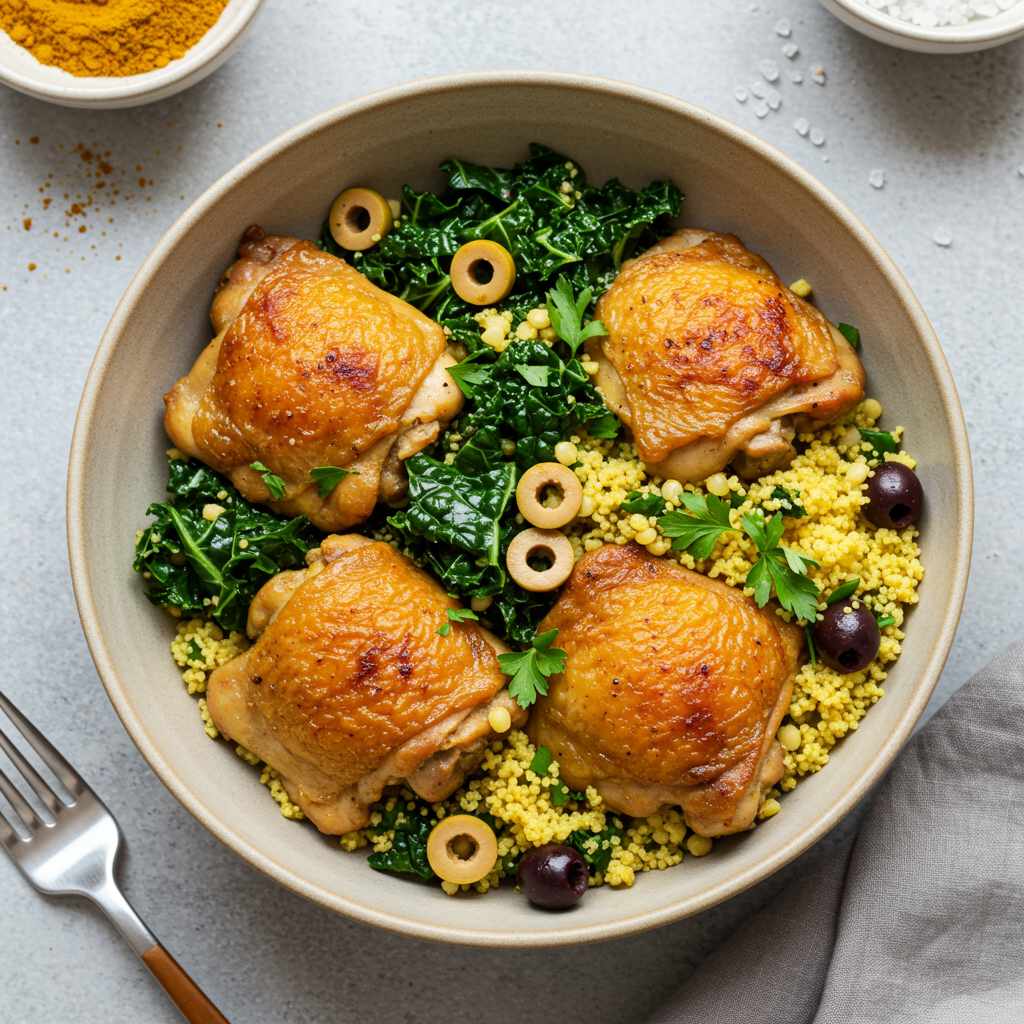 8. Pollo al curry con cuscús y col rizada