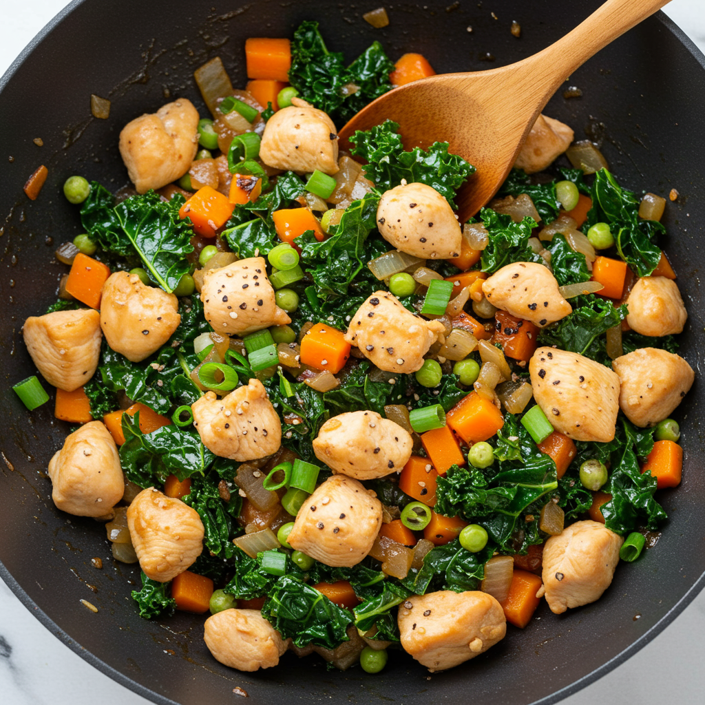 9. Salteado de pollo y col rizada con aminoácidos de coco