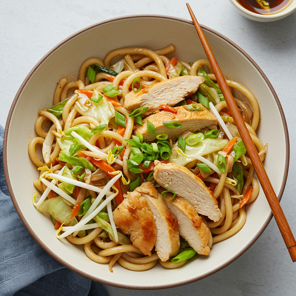 12. Fideos udon con pollo y jengibre