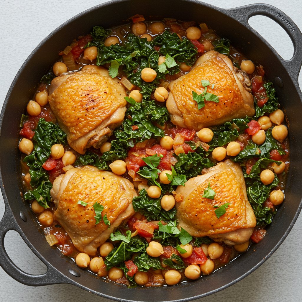 14. Pollo con especias marroquíes, col rizada y garbanzos