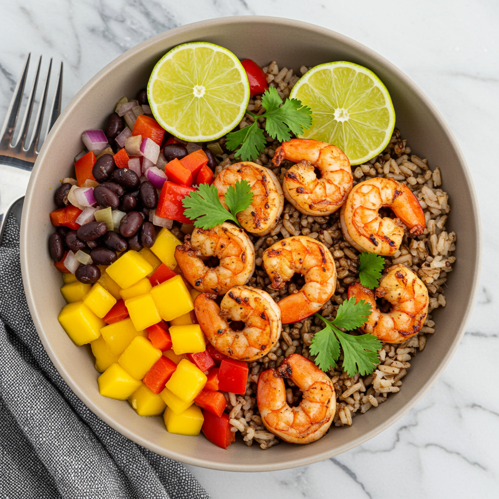 16. Tazón de arroz y camarones jerk