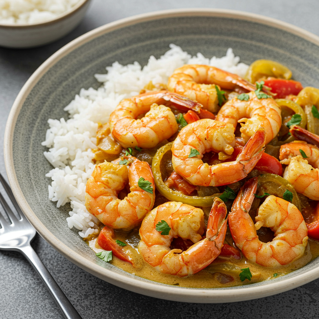 17. Curry de camarones con coco y salsa jerk