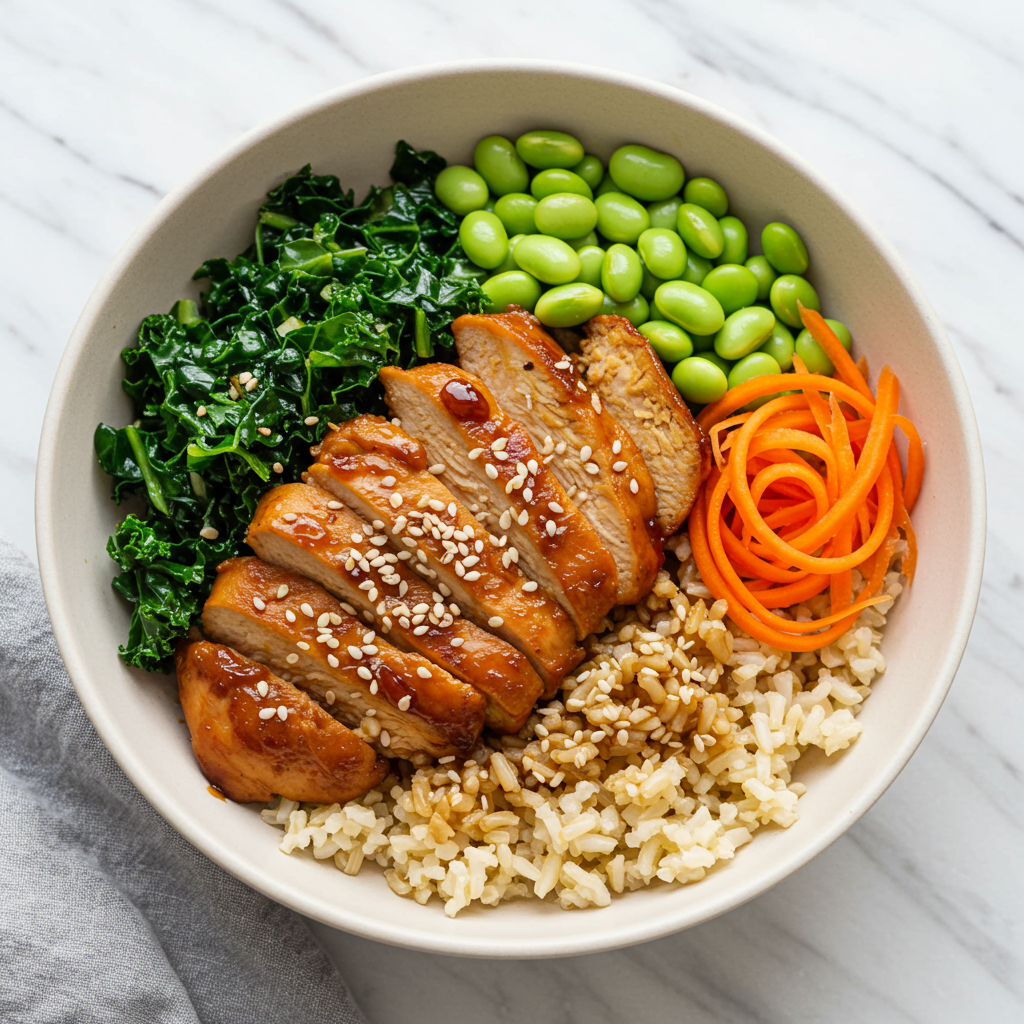 21. Tazones de arroz con pollo teriyaki y col rizada