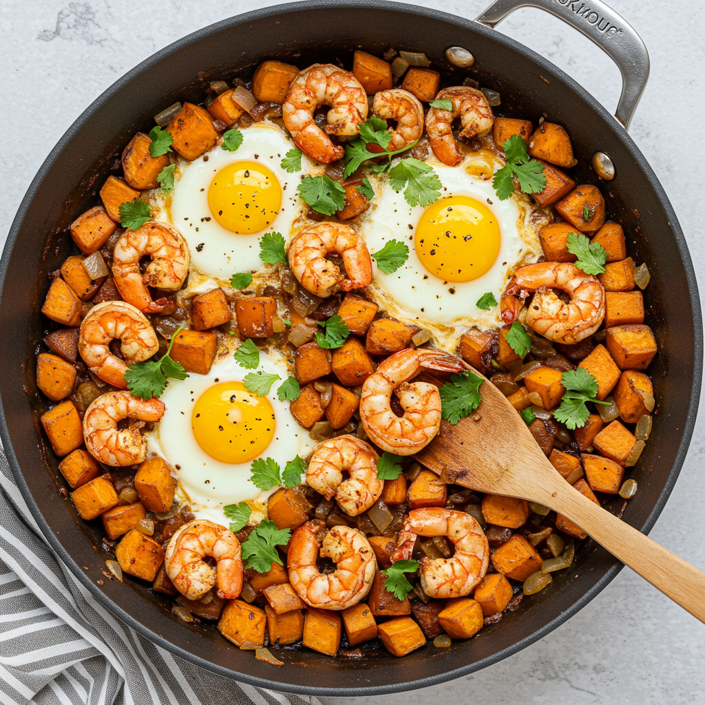 22. Hash de camarones jerk y batata