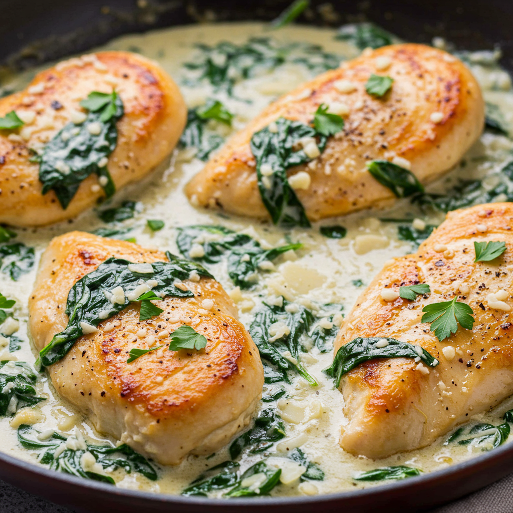 1. Sartén cremosa de pollo con ajo y espinacas