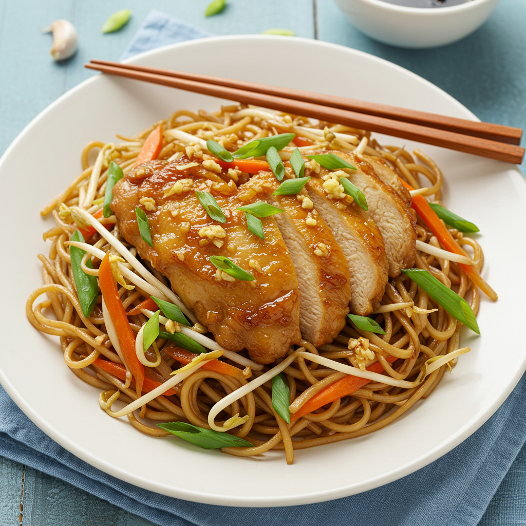 3. Chow mein de pollo con ajo y jengibre
