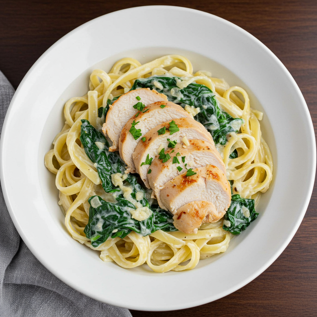 4. Pasta Alfredo con Pollo y Espinacas