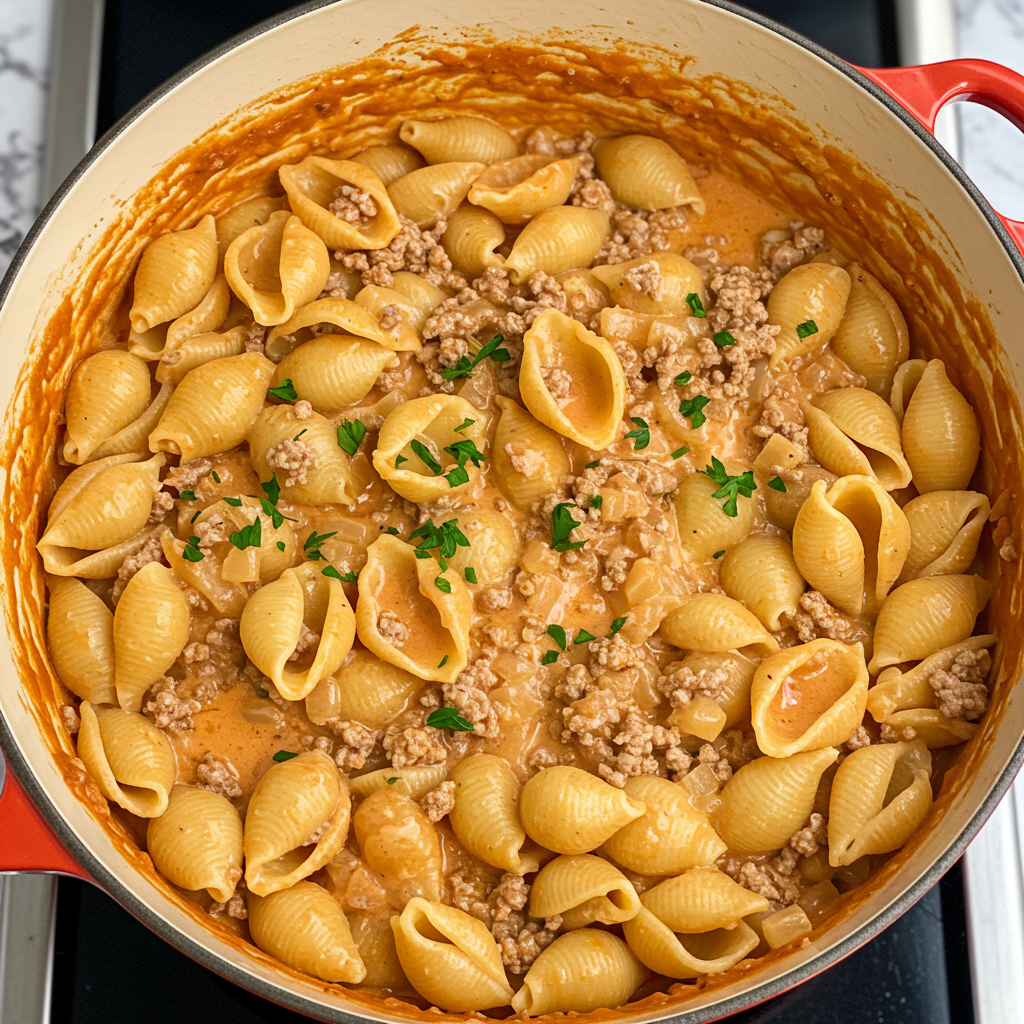 4. Pasta cremosa con carne en una sola olla (versión sencilla)