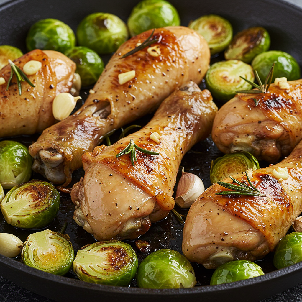 5. Pollo con ajo, hierbas y coles de Bruselas en una sola sartén