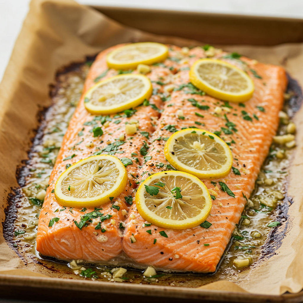 1. Salmón al horno con mantequilla de ajo y limón