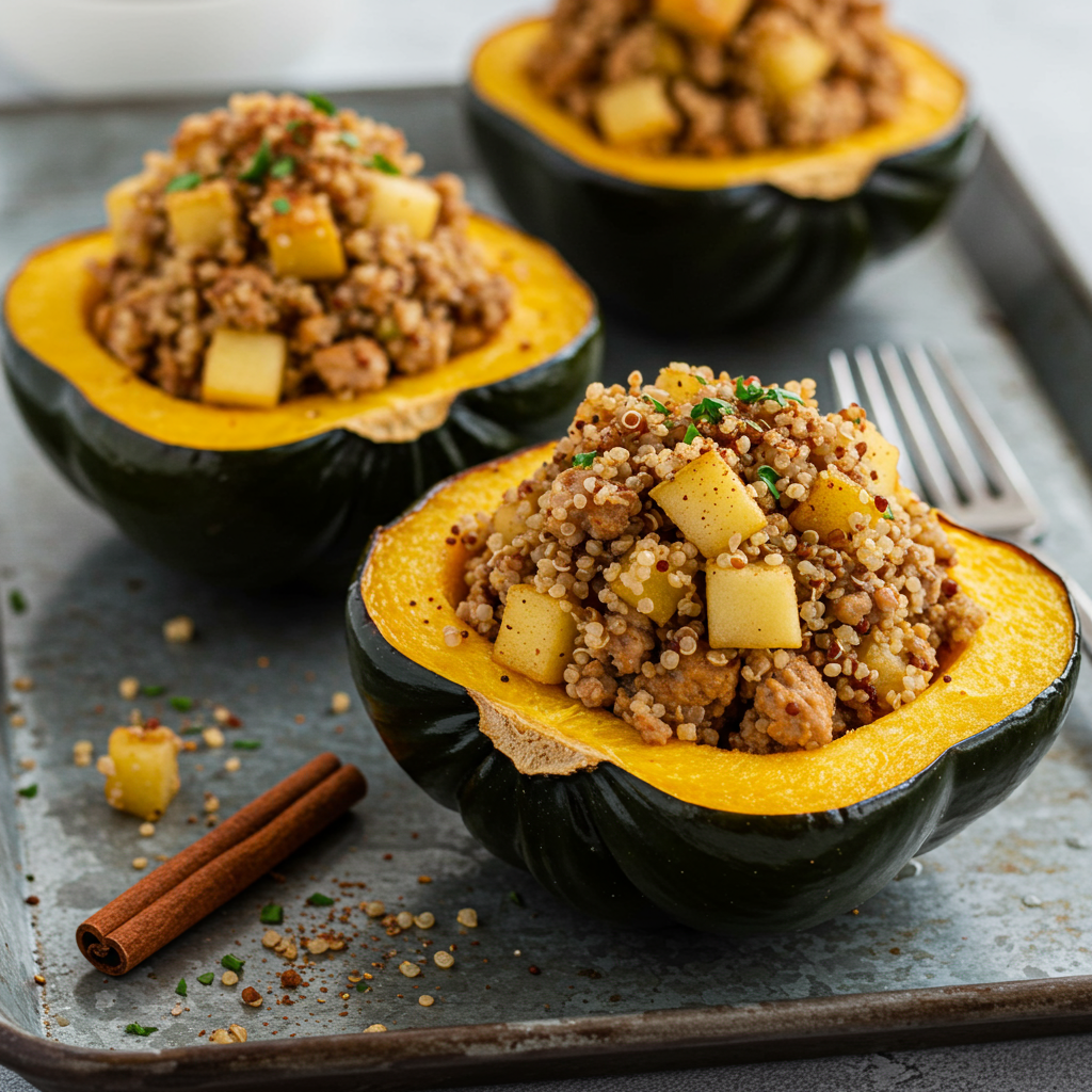 7. Calabaza bellota rellena de pollo especiado y pera