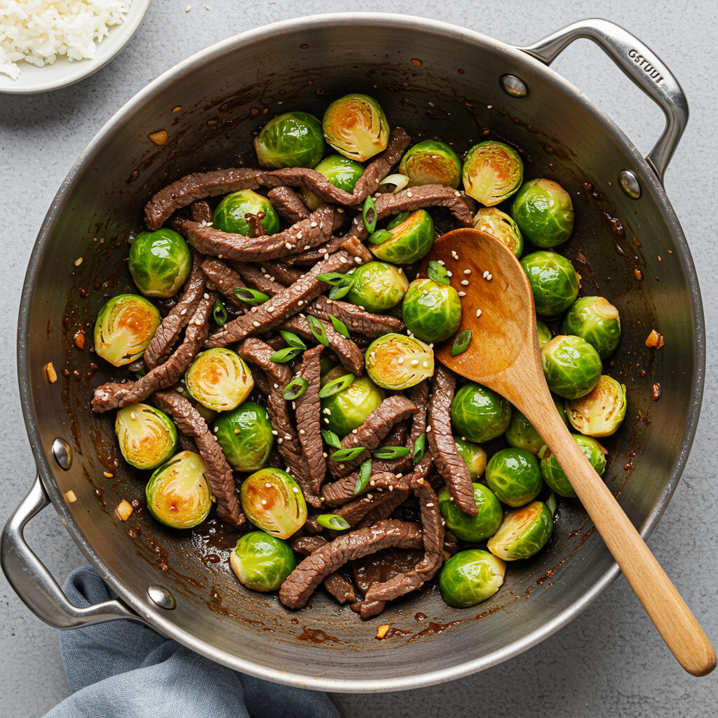 7. Salteado de carne y coles de Bruselas con inspiración coreana