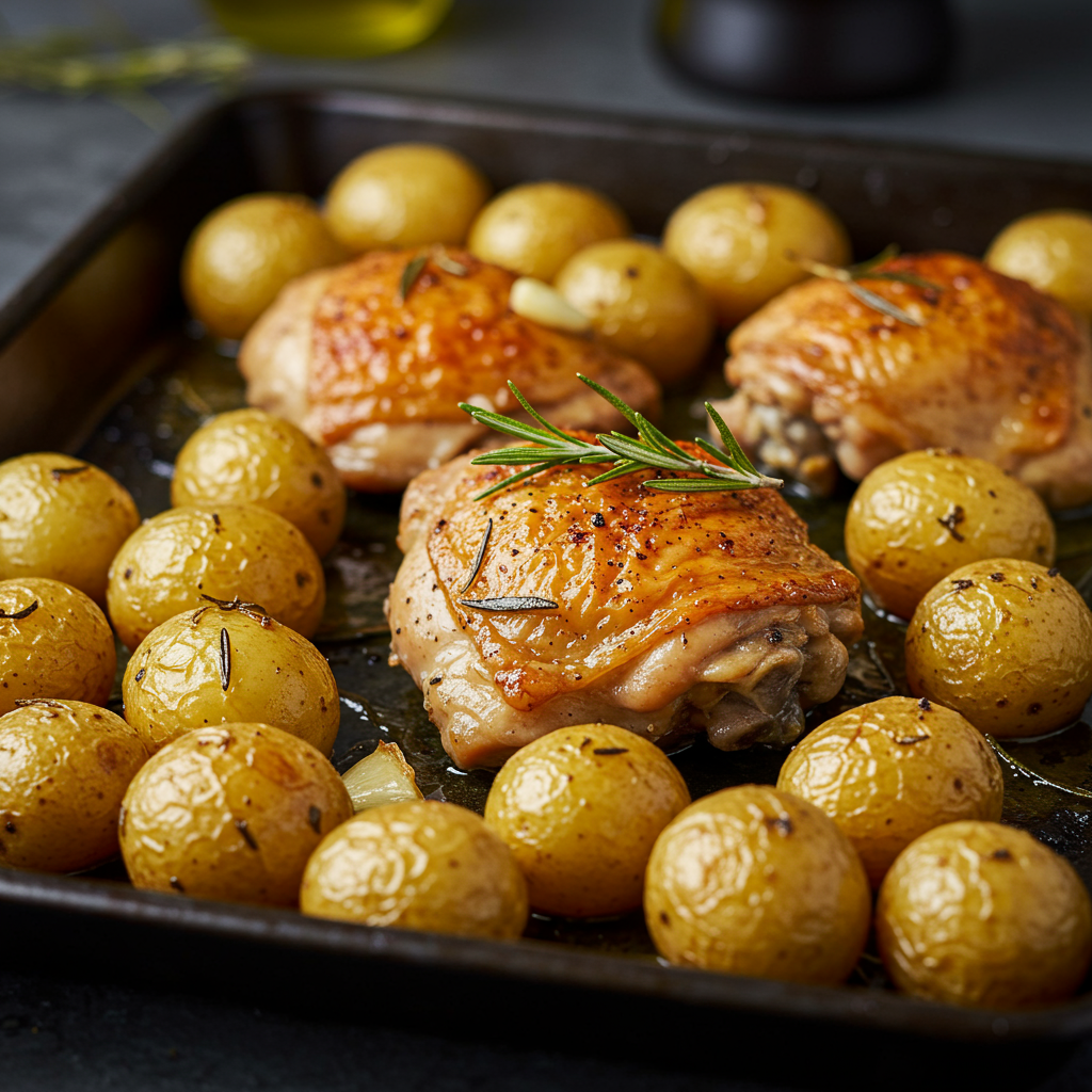 7. Pollo con ajo, hierbas y patatas en una sola sartén