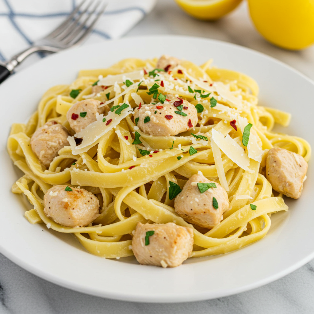 8. Fideos de pollo con mantequilla, limón y ajo