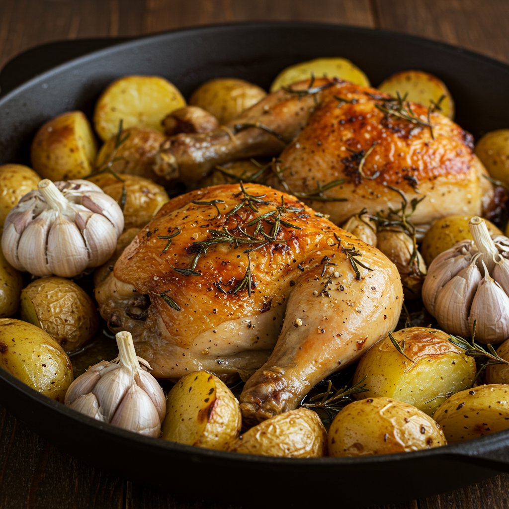 2. Rústico y Contundente: Pollo al Horno con Patatas y Ajo