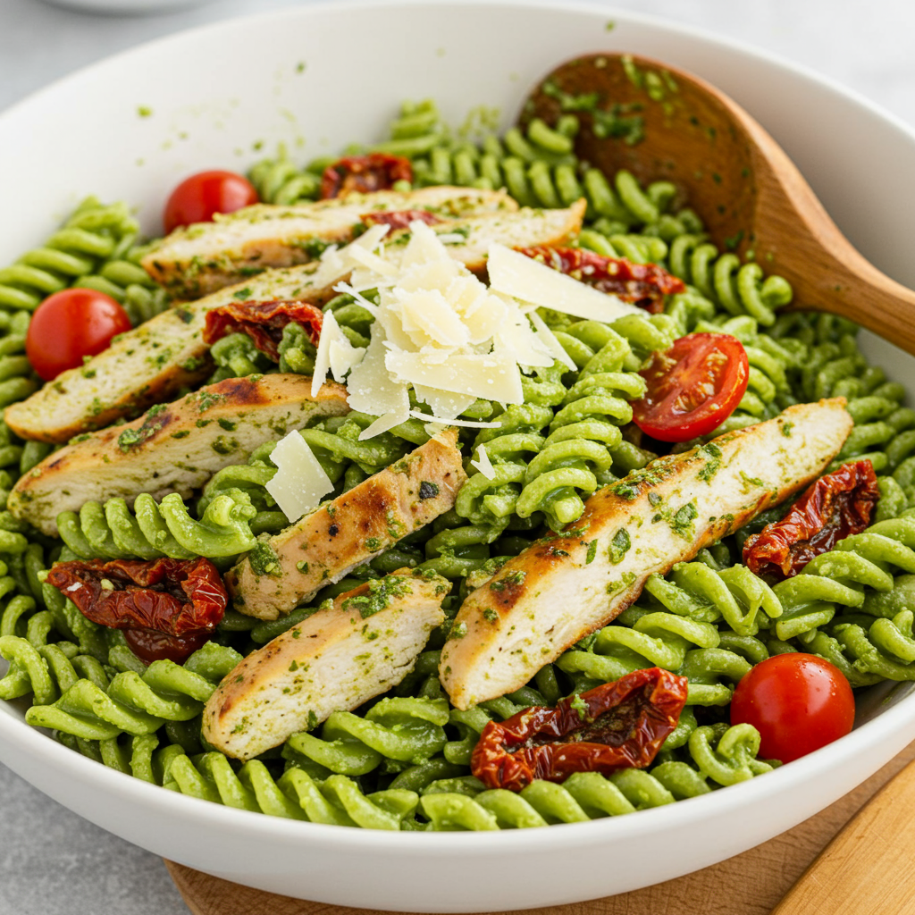 3. Ensalada de Pasta con Pesto y Pollo