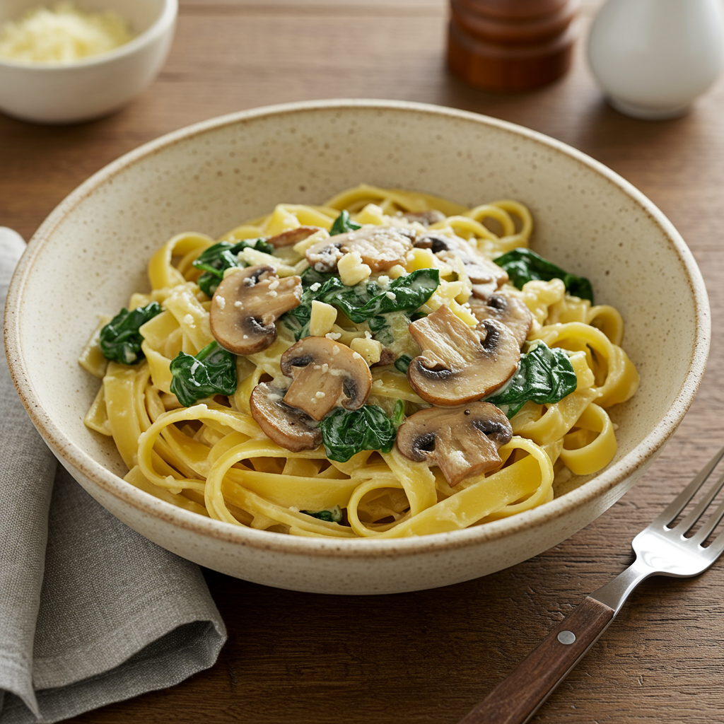 4. Pasta con Champiñones y Espinacas en Salsa de Ajo