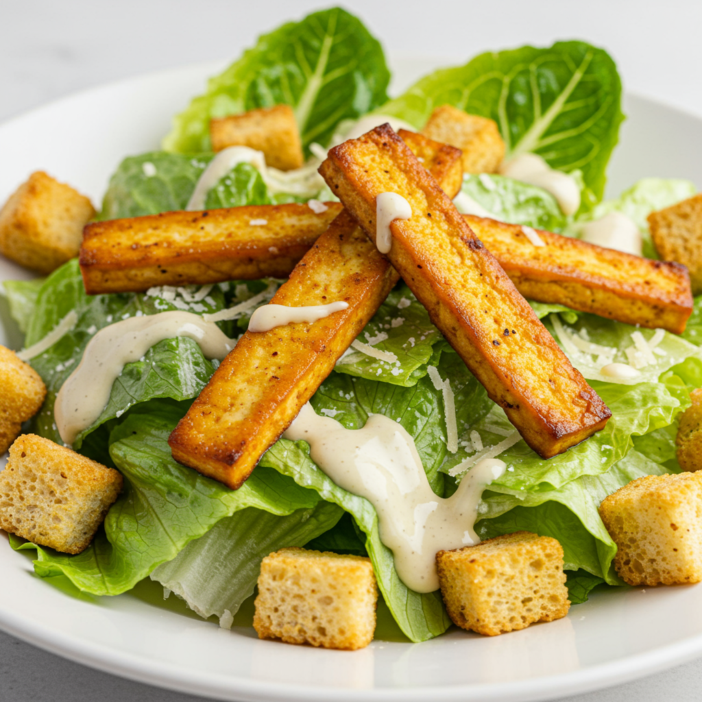 7. Ensalada César con “Pollo” de Tofu Crujiente
