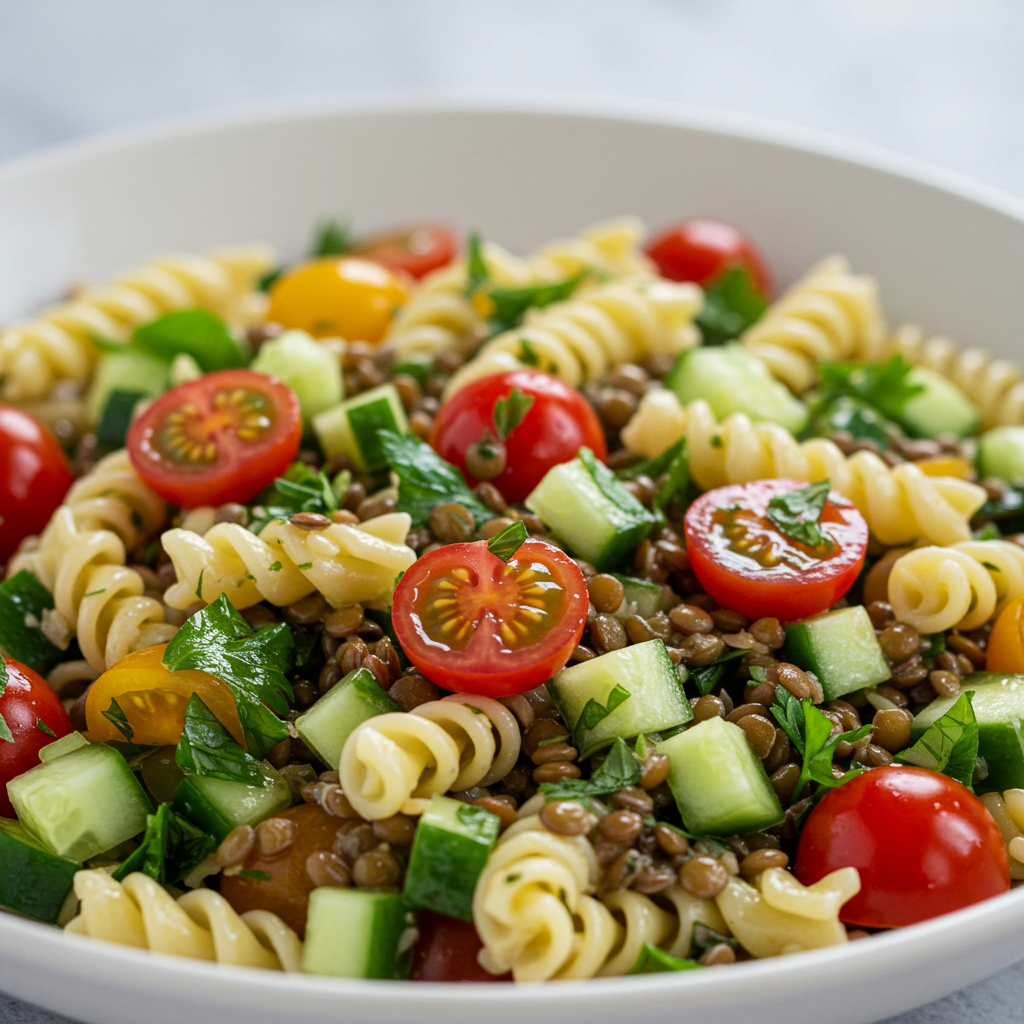 7. Ensalada de Pasta y Lentejas (Estilo Mediterráneo)