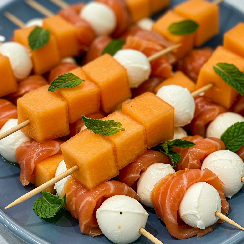 8. Pinchos de Salmón Ahumado, Melón y Mozzarella
