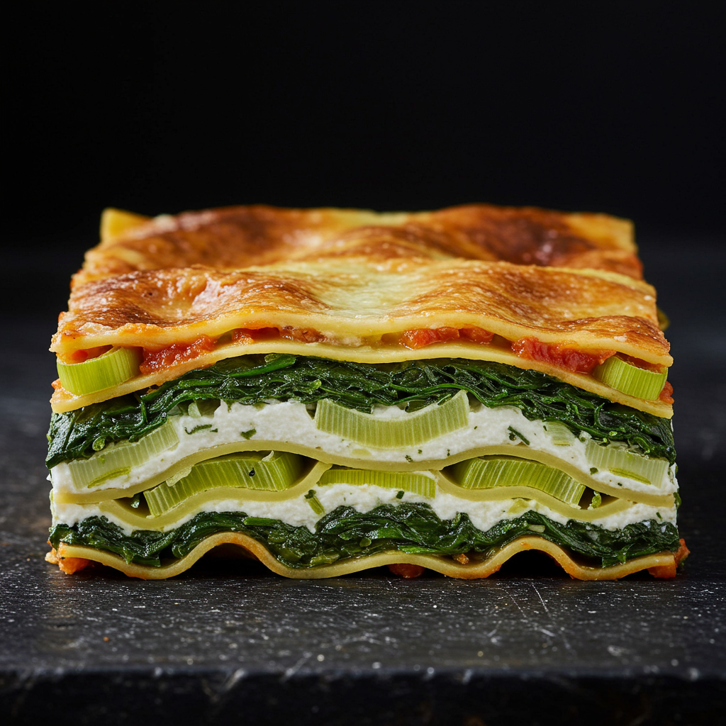 12. Lasaña de Puerros, Espinacas y Requesón