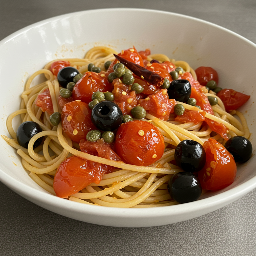 13. Pasta Puttanesca (Versión sin Anchoas)
