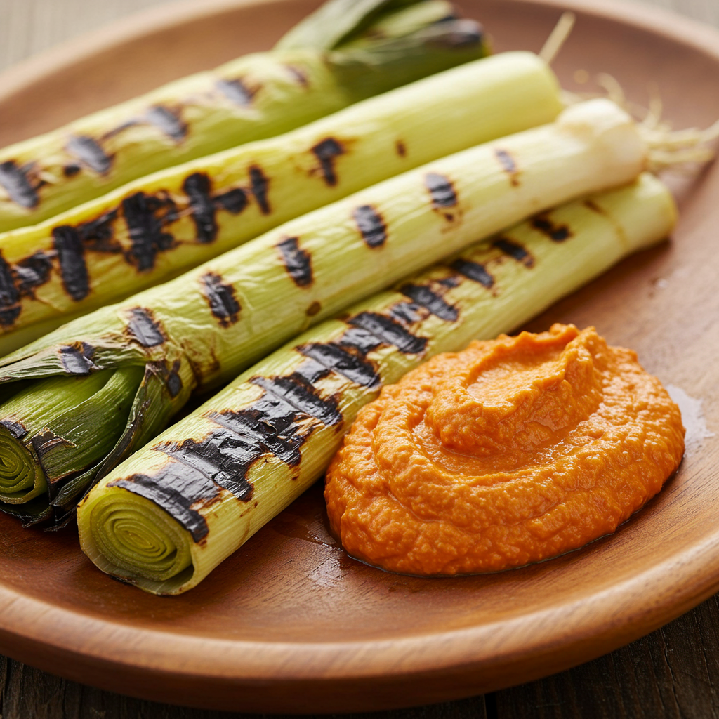 14. Puerros a la Plancha con Salsa Romesco