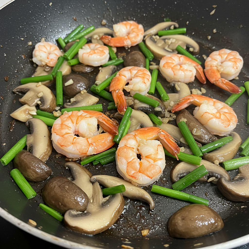 14. Revuelto de Champiñones, Ajetes y Gambas