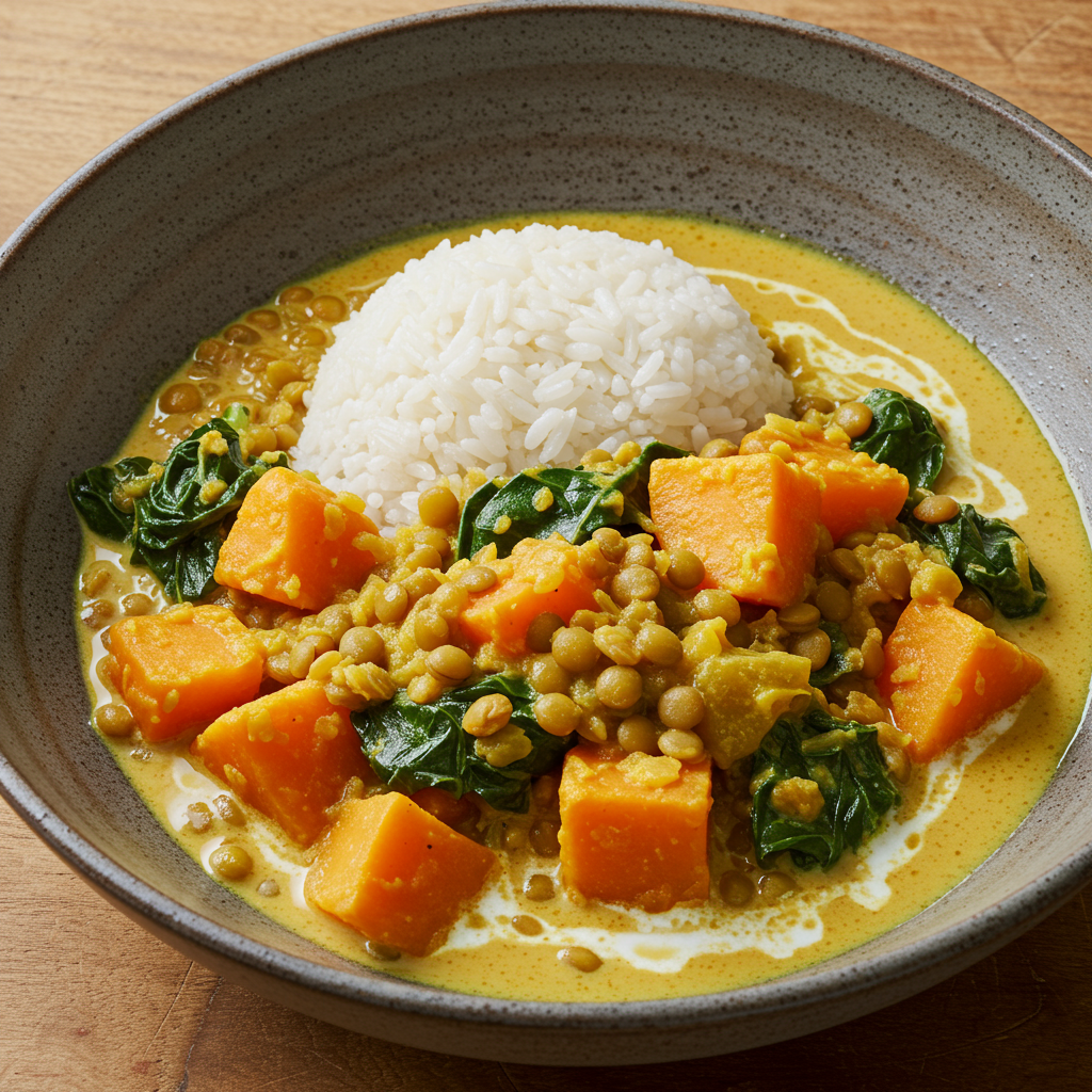 15. Curry de Lentejas, Batata y Acelgas