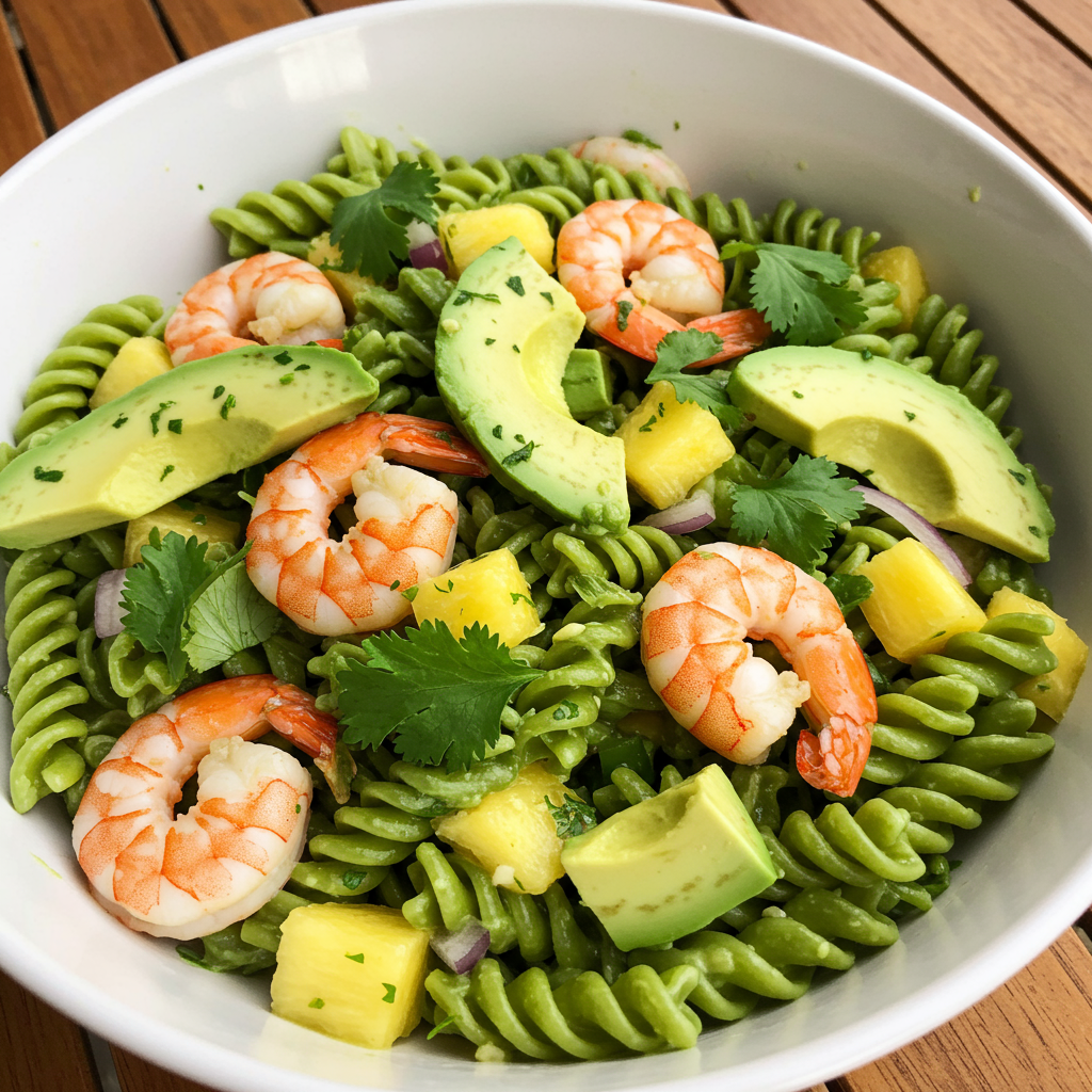 15. Ensalada de Pasta con Gambas y Aguacate