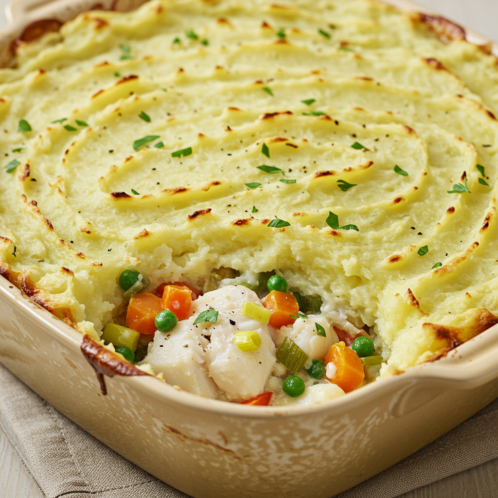 18. Pastel de Pescado con Puré de Patata y Puerro