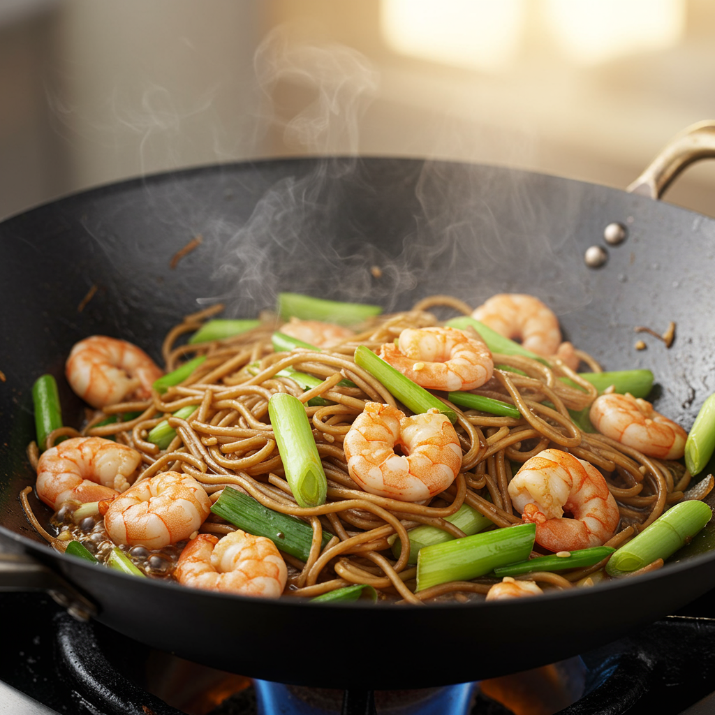 20. Fideos Salteados con Puerro y Gambas