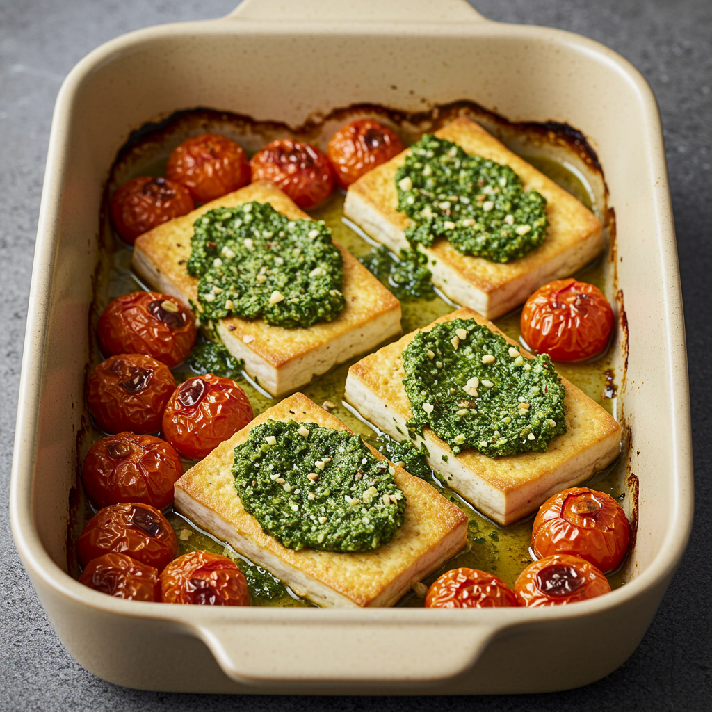 20. Tofu al Horno con Pesto y Tomates Cherry