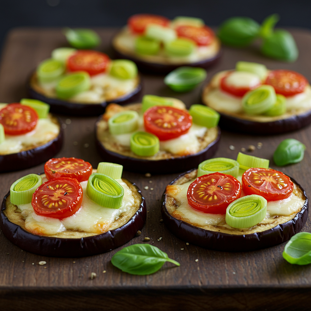 22. “Pizzetas” de Berenjena con Puerro y Tomate