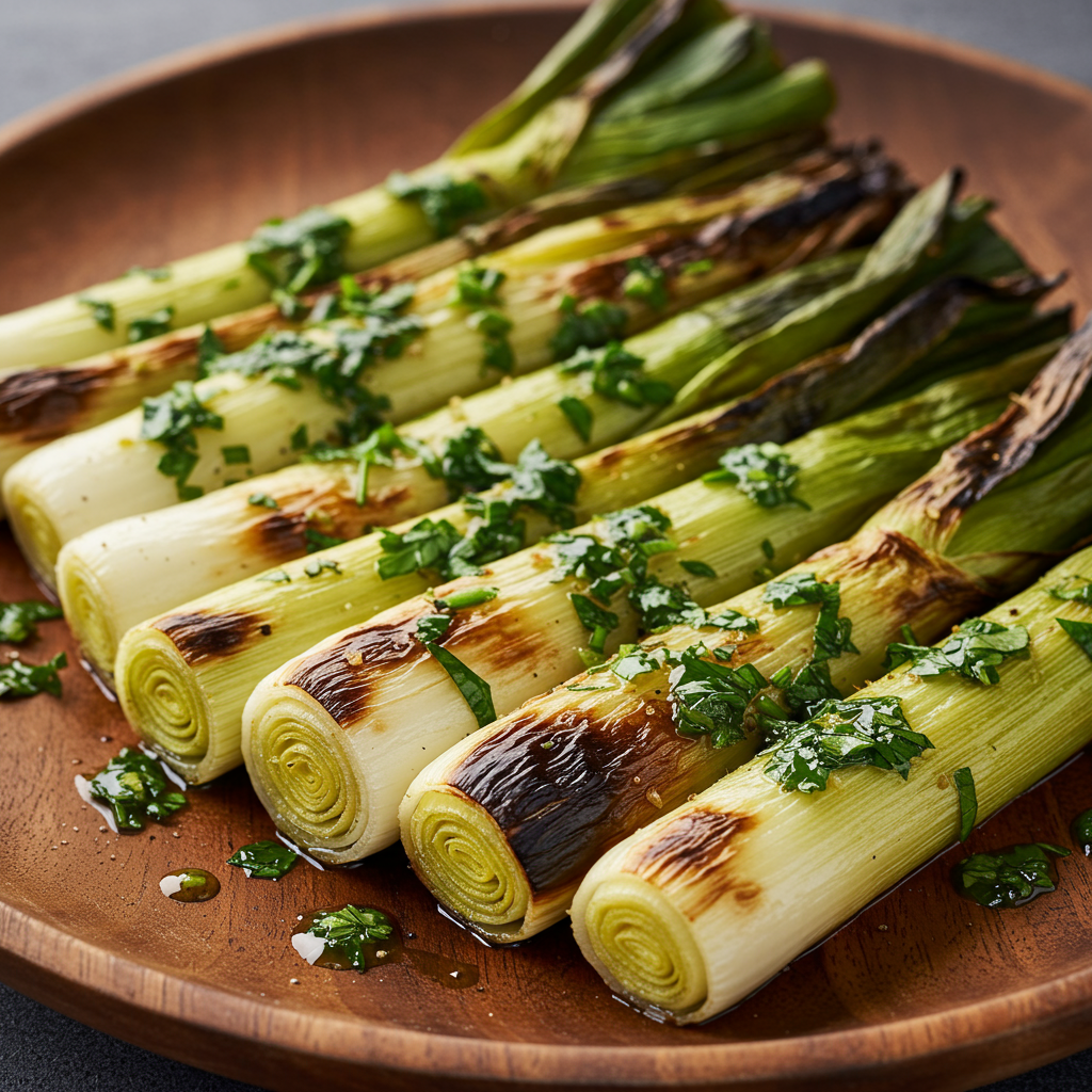 24. Puerros Asados Enteros con Vinagreta de Hierbas